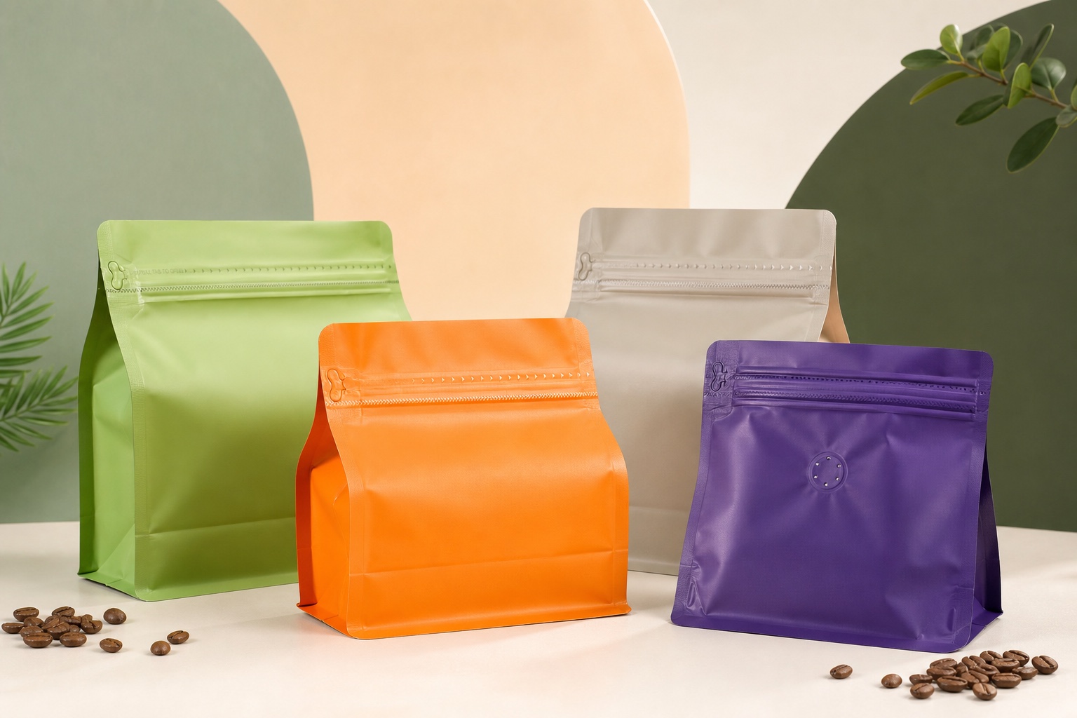 Green, orange and cream coffee bags with resealable zippers